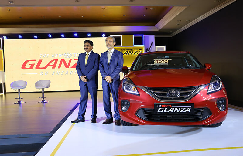 Mr. Masakazu Yoshimura, Managing Director, Toyota Kirloskar Motor & Mr. N. Raja, Deputy Managing Director, Toyota Kirloskar Motor, at the launch of Toyota Glanza