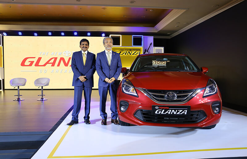 Mr. Masakazu Yoshimura, Managing Director, Toyota Kirloskar Motor & Mr. N. Raja, Deputy Managing Director, Toyota Kirloskar Motor, at the launch of Toyota Glanza