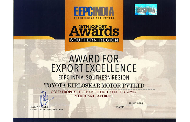 Toyota Kirloskar Motor Honoured with Prestigious EEPC Export Excellence Awards