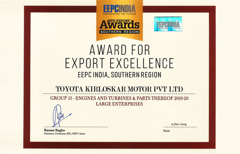 Toyota Kirloskar Motor Honoured with Prestigious EEPC Export Excellence Awards