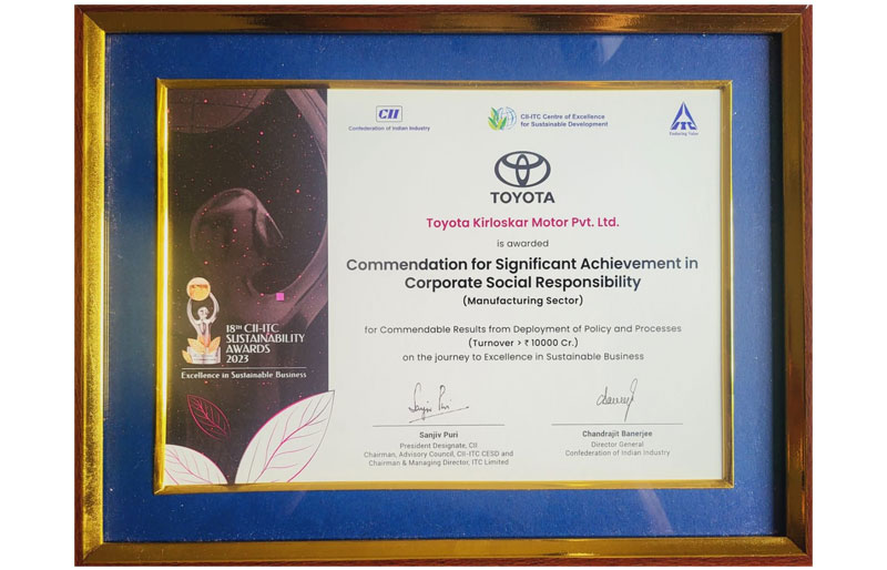 Toyota Kirloskar Motor Honoured with ‘Commendation for Significant Achievement’, under its Corporate Social Responsibility, at the 18th CII-ITC Sustainability Awards